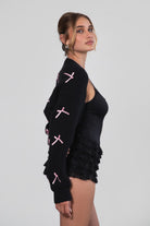 BOWIE black shrug-style cropped bolero with satin bow details by TIC TOC