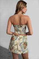 Elegant tapestry floral corset top by TIC TOC, featuring center back zipper closure