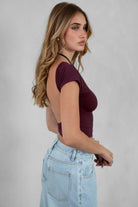 TIC TOC KENDALL short sleeve top with open back detail in black cherry