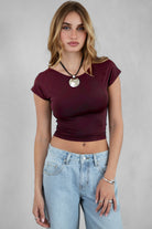 TIC TOC KENDALL short sleeve top with open back detail in black cherry