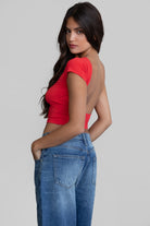 TIC TOC KENDALL short sleeve top with open back detail in cherry red