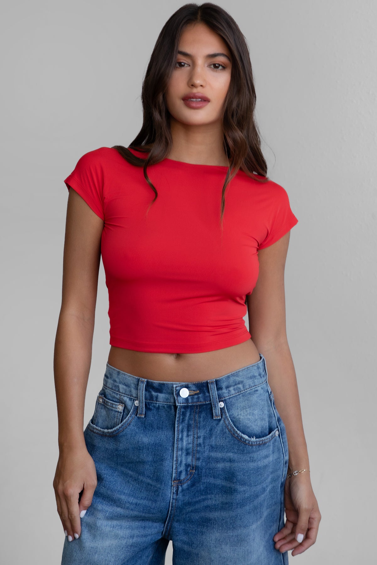 TIC TOC KENDALL short sleeve top with open back detail in cherry red