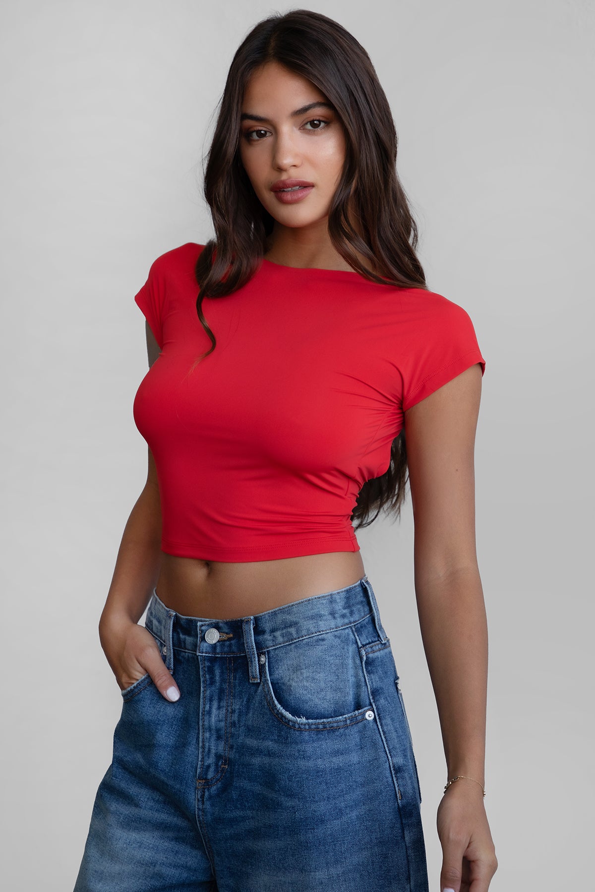 TIC TOC KENDALL short sleeve top with open back detail in cherry red