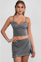 TIC TOC OLIA striped lace mini skirt set in grey with matching cami top and lace hem detail