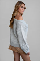 Casual fall pullover in navy ribbed knit fabric with relaxed fit