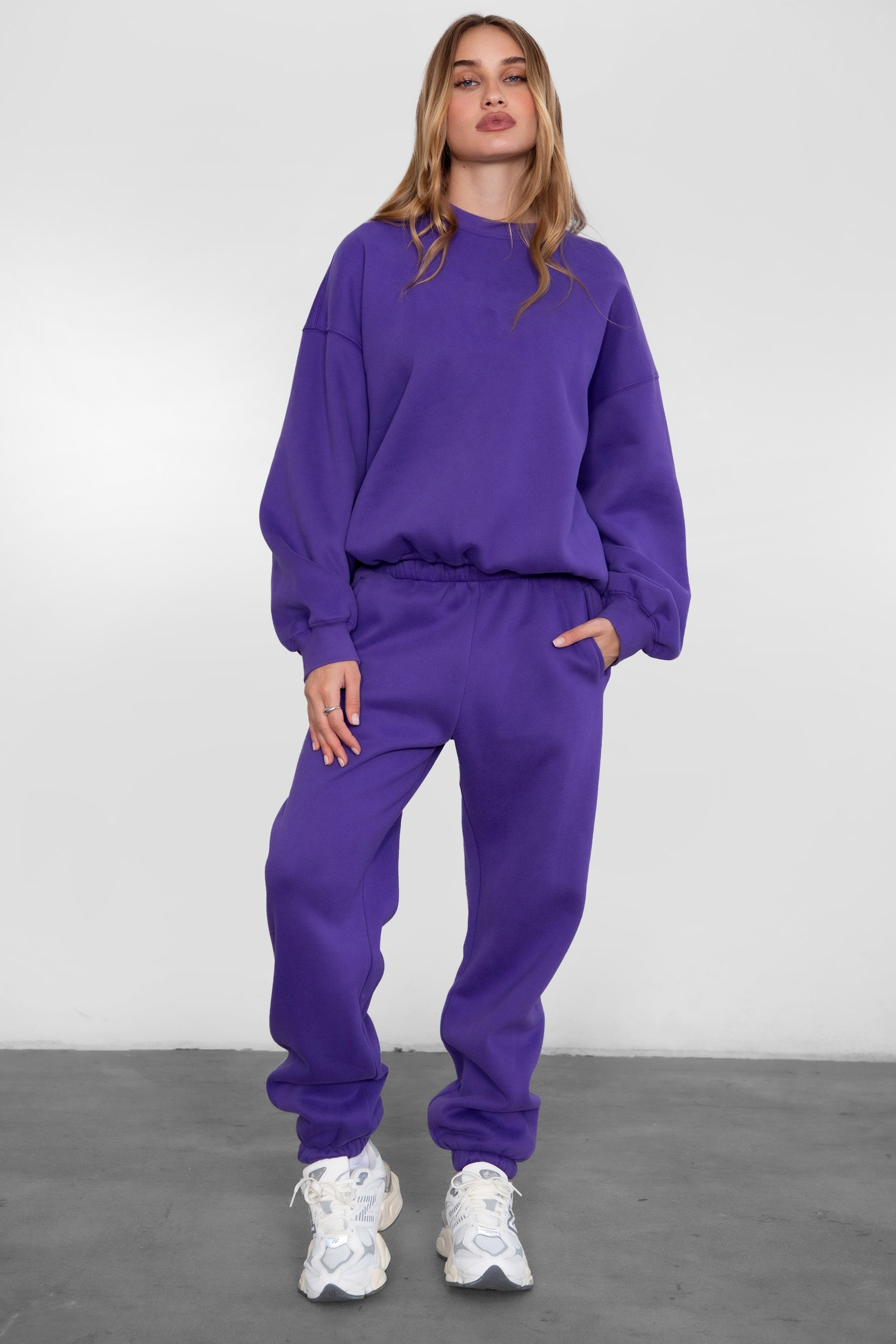 VARSITY crew neck fleece pullover sweatshirt in matching Essentials Plush Collection shades in purple 