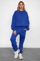 VARSITY crew neck fleece pullover sweatshirt in matching Essentials Plush Collection shades in royal blue