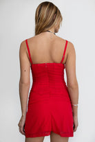 Elegant red mesh draped overlay mini dress with lace under-bra design by TIC TOC