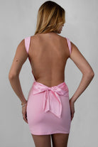 TIC TOC REILEY blush bodycon mini dress featuring a cowl neckline and open back