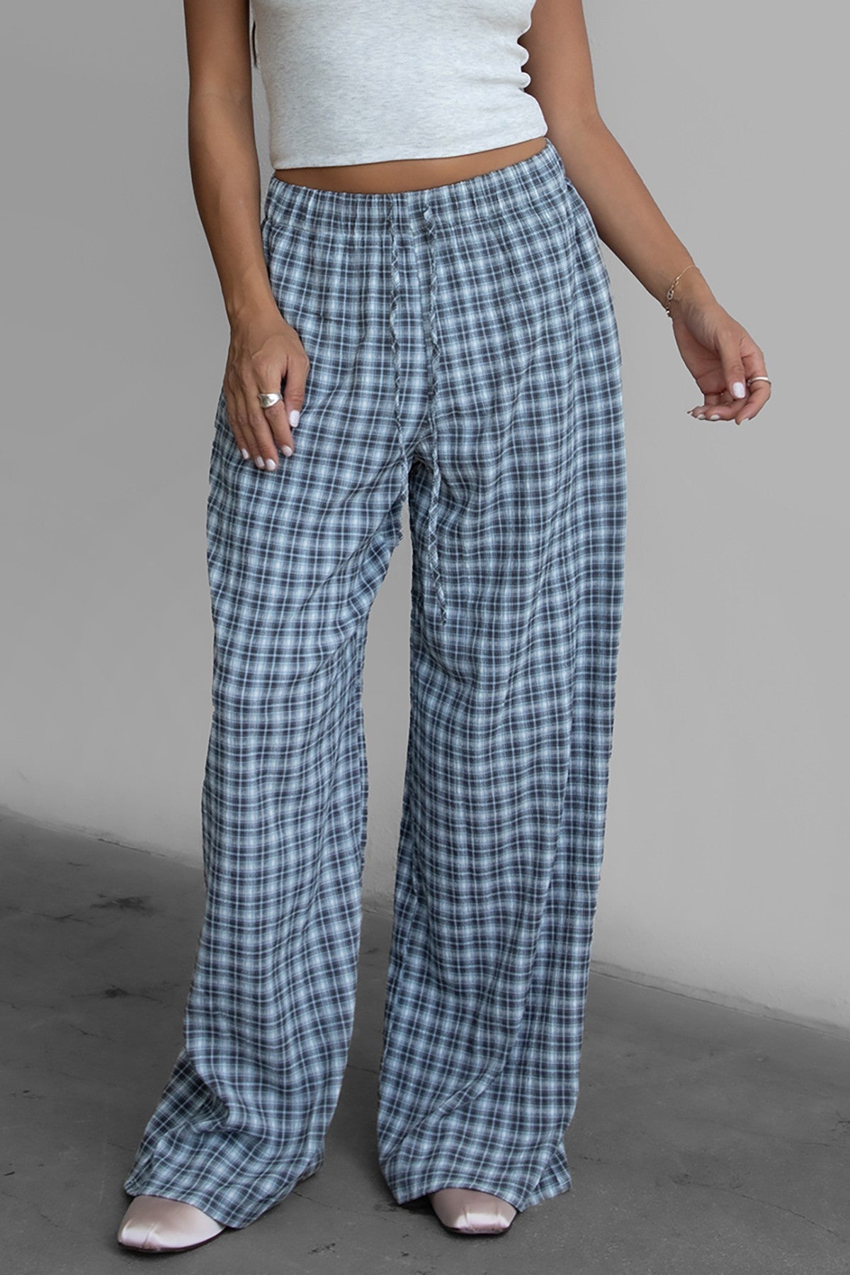 TIC TOC DILLON plaid gauze trousers with adjustable tie waistband and wide-leg fit