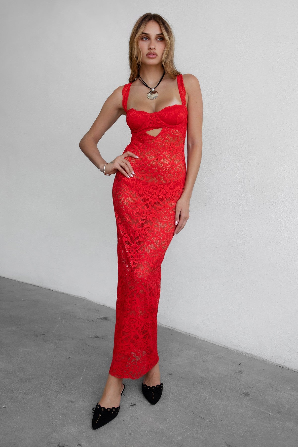 TIC TOC ANISE stretch lace maxi dress in red with square neckline and keyhole cutouts