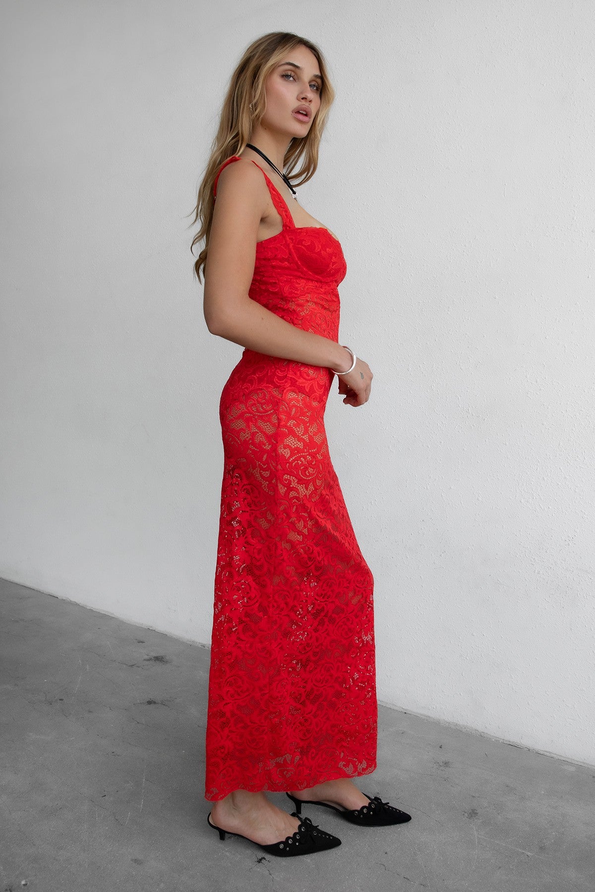 Romantic red lace maxi dress featuring adjustable straps and sheer lace fabric by TIC TOC