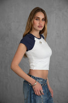 Slim-fit crew neck crop tee in color block design for casual college style