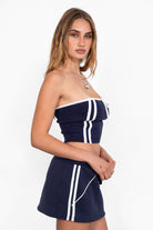 Game day strapless bandeau top featuring a contrast stripe and self-tie bow