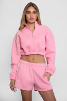 Game day mid-rise fleece shorts in cozy plush fabric with adjustable waistband color pink