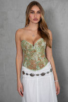 Sage strapless corset top with floral tapestry pattern and adjustable lace-up detail by TIC TOC