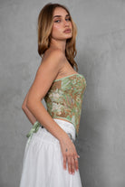 Sage strapless corset top with floral tapestry pattern and adjustable lace-up detail by TIC TOC