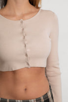 Round racer neckline ALIAH Top in white and taupe, perfect for layering