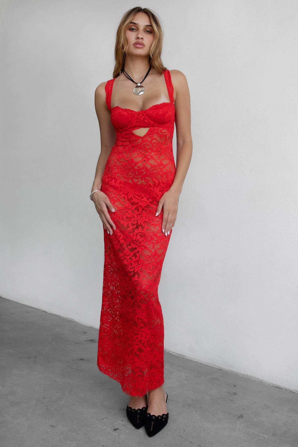 Elegant floor-length lace dress with matching panty and supportive bust underwire