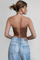 TIC TOC BECKEE-SD washed denim corset top with rhinestone detail and lace-up back