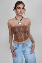 TIC TOC BECKEE-SD washed denim corset top with rhinestone detail and lace-up back