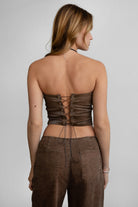 TIC TOC BECKEE vegan leather corset top in dark brown with rhinestone accents and rope lace-up back