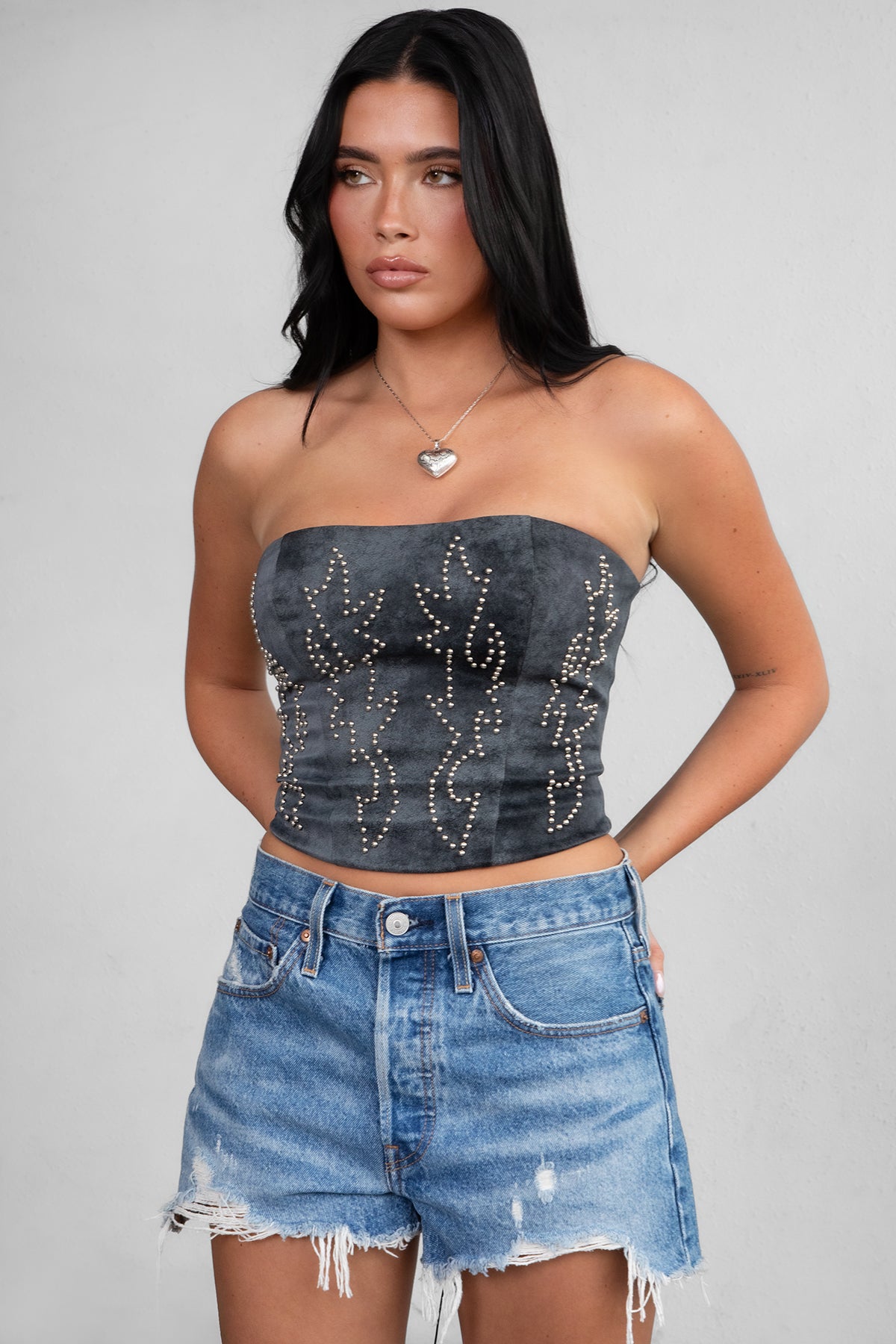 TIC TOC BECKEE western-inspired vegan leather corset top in grey black with lace-up detailing