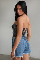 TIC TOC BECKEE western-inspired vegan leather corset top in grey black with lace-up detailing