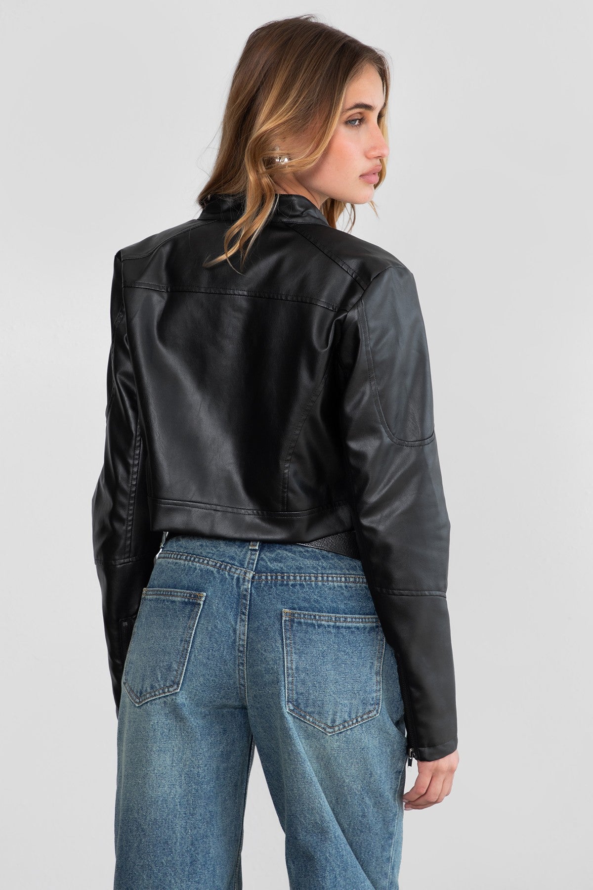 TIC TOC BIKER PU Vegan Leather Cropped Moto Jacket with snap button closure