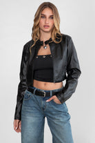 Stylish vegan leather jacket with zipper cuffs and slim fit by TIC TOC