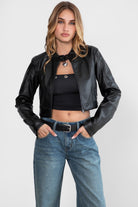 TIC TOC BIKER PU Vegan Leather Cropped Moto Jacket with snap button closure