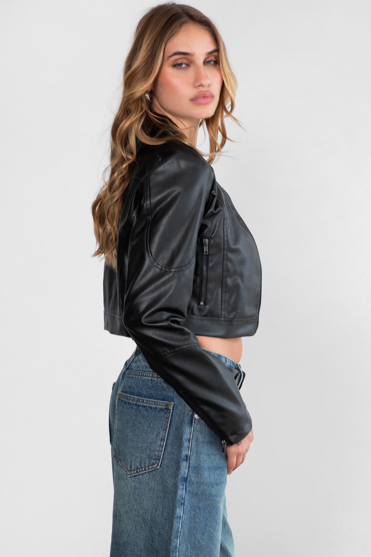 TIC TOC BIKER PU Vegan Leather Cropped Moto Jacket with snap button closure