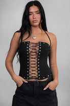 TIC TOC BRIEL stretch bustier corset top in black with satin tie and studded details