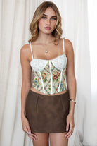 TIC TOC BRIGETTE tapestry floral corset top with lace-up back and adjustable straps