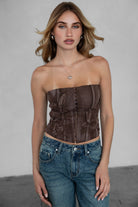 Western-style floral embroidered denim corset by TIC TOC