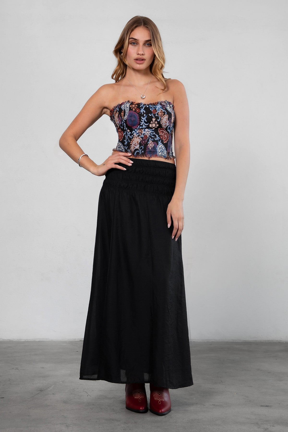 Strapless CALA tapestry corset top with floral print and exposed seams