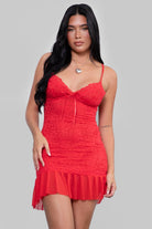 CARLTA lace bodycon mini dress in bold red with satin bow detail and pleated mesh hem