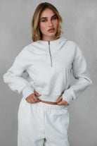 TIC TOC ROMEE Scuba Half Zip Hoodie in heather white, with a kangaroo pocket and ribbed hem