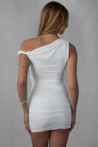 TIC TOC CHARLI Lightweight Bodycon Mini Dress in white with asymmetrical neckline