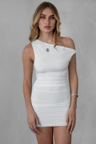 TIC TOC CHARLI Lightweight Bodycon Mini Dress in white with asymmetrical neckline