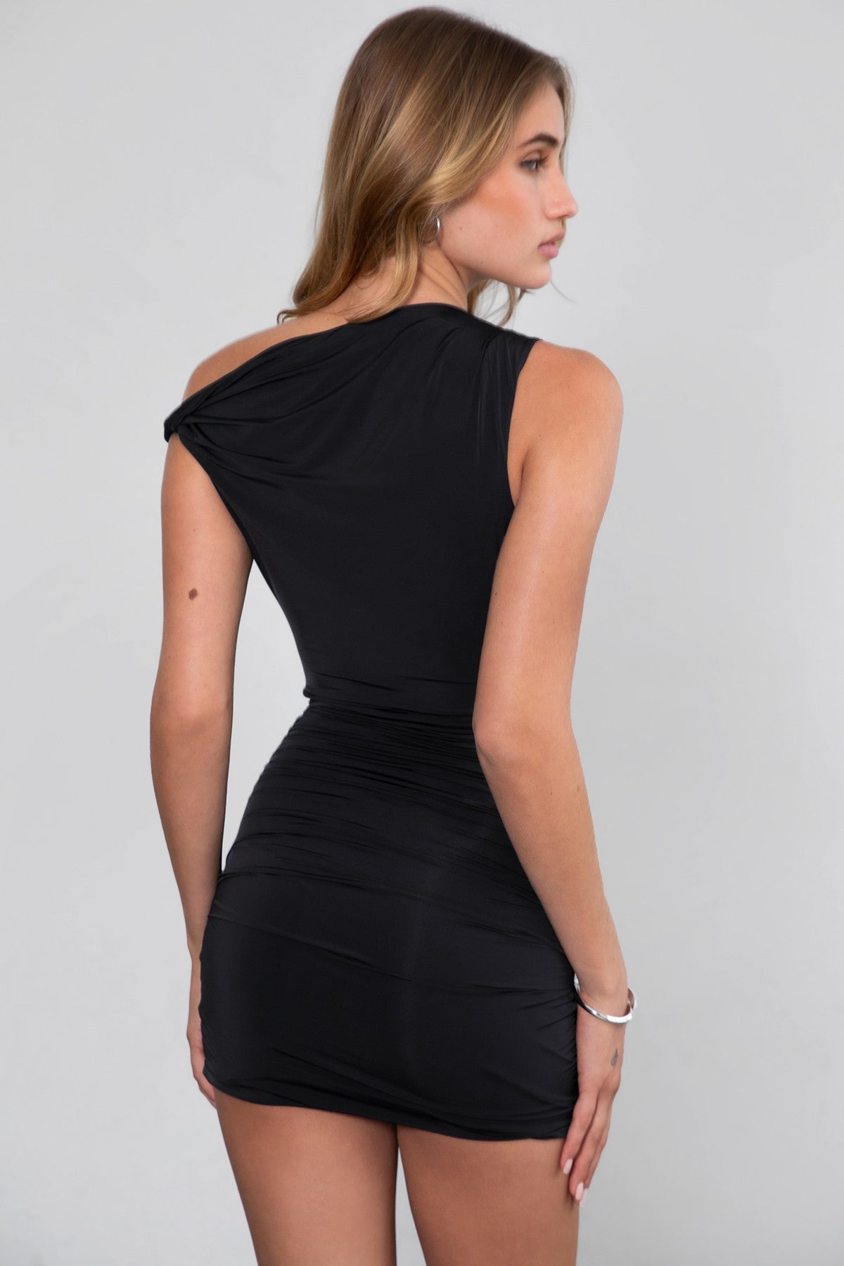 TIC TOC CHARLI Lightweight Bodycon Mini Dress in black with asymmetrical neckline