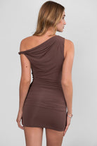 Off-the-shoulder bodycon mini dress by TIC TOC in brown with ruching details