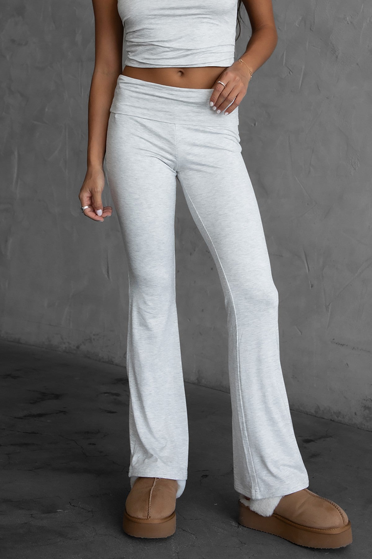 CORA fold over flare leggings in heather white with a low-rise design by TIC TOC