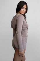 TIC TOC COZEE Two-Piece Knit Sweater Set in wheat, featuring a cropped hoodie and fold-over shorts