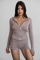 TIC TOC COZEE Two-Piece Knit Sweater Set in wheat, featuring a cropped hoodie and fold-over shorts