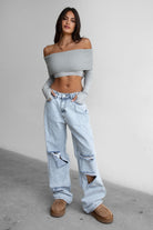 Ribbed knit ultra-cropped top by TIC TOC, featuring foldover off-the-shoulder design