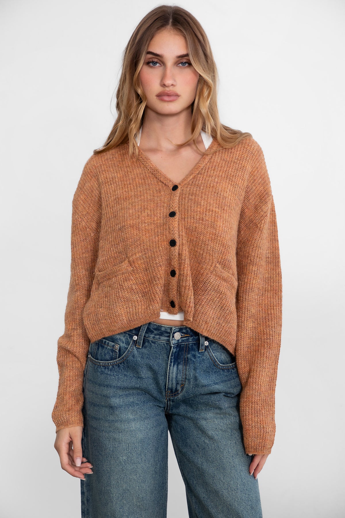 TIC TOC CURTY marled knit cropped cardigan with button-up front