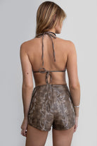 TIC TOC DARLENE vegan leather embroidered western short set in brown