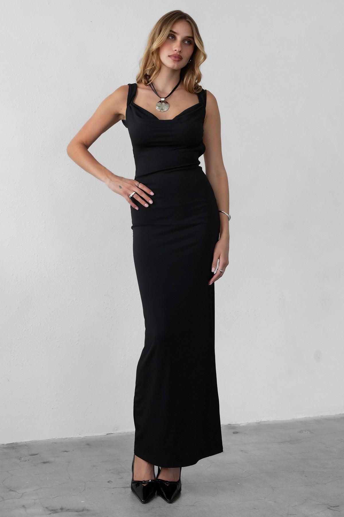 Open-back satin bow evening gown in black by TIC TOC