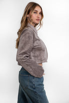 TIC TOC fall fashion suede jacket, featuring functional zippers and collared neckline